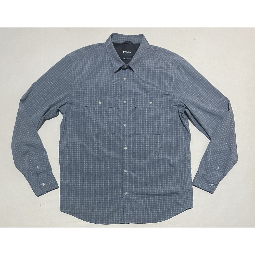 Prana Fishing Shirt Mens Large Outdoor Vented Button‎ Up Plaid Long Sleeve Navy